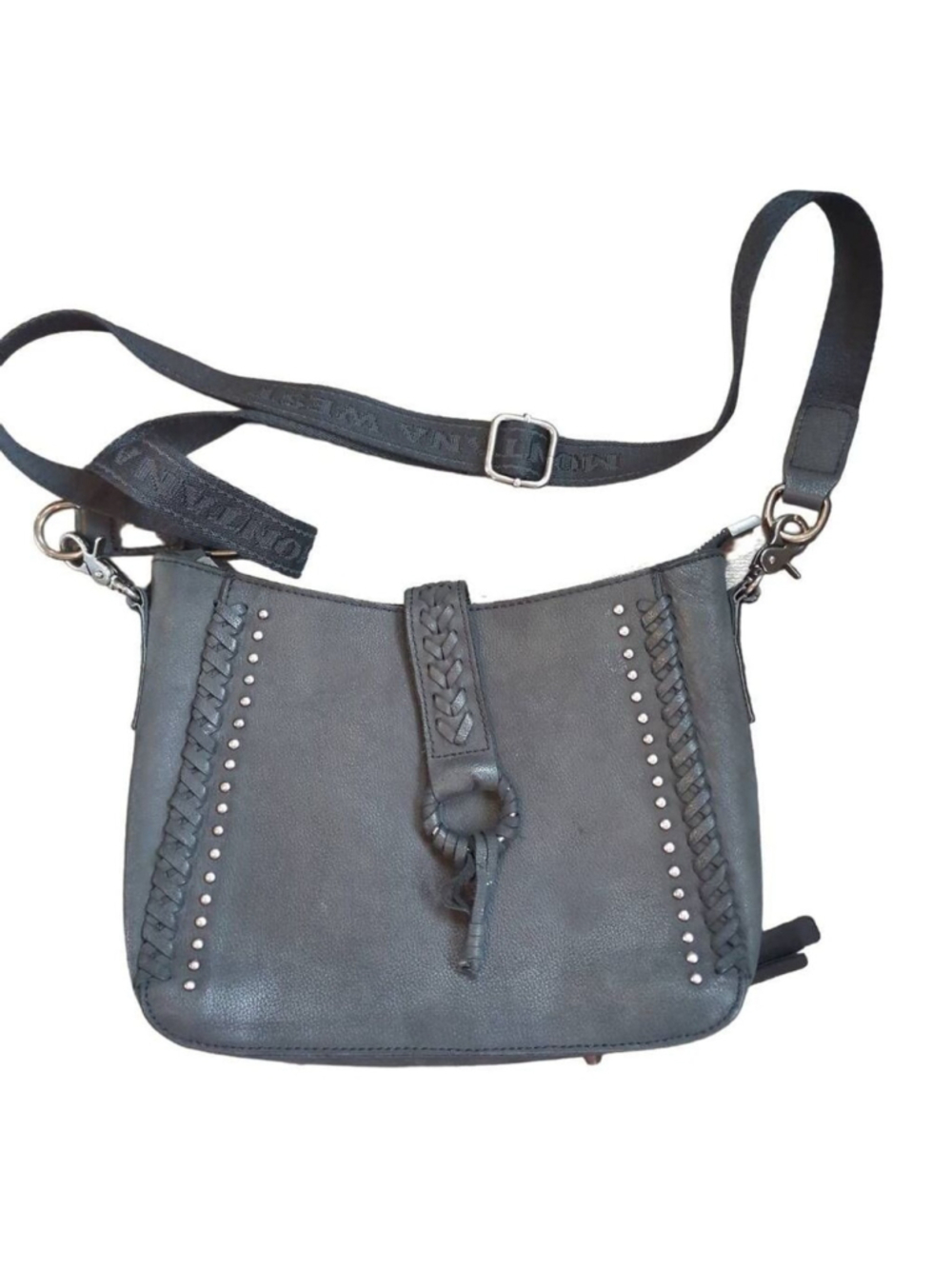 Montana West Zipper Front Black Pebbled Leather Shoulder Bag Woven Western Boho